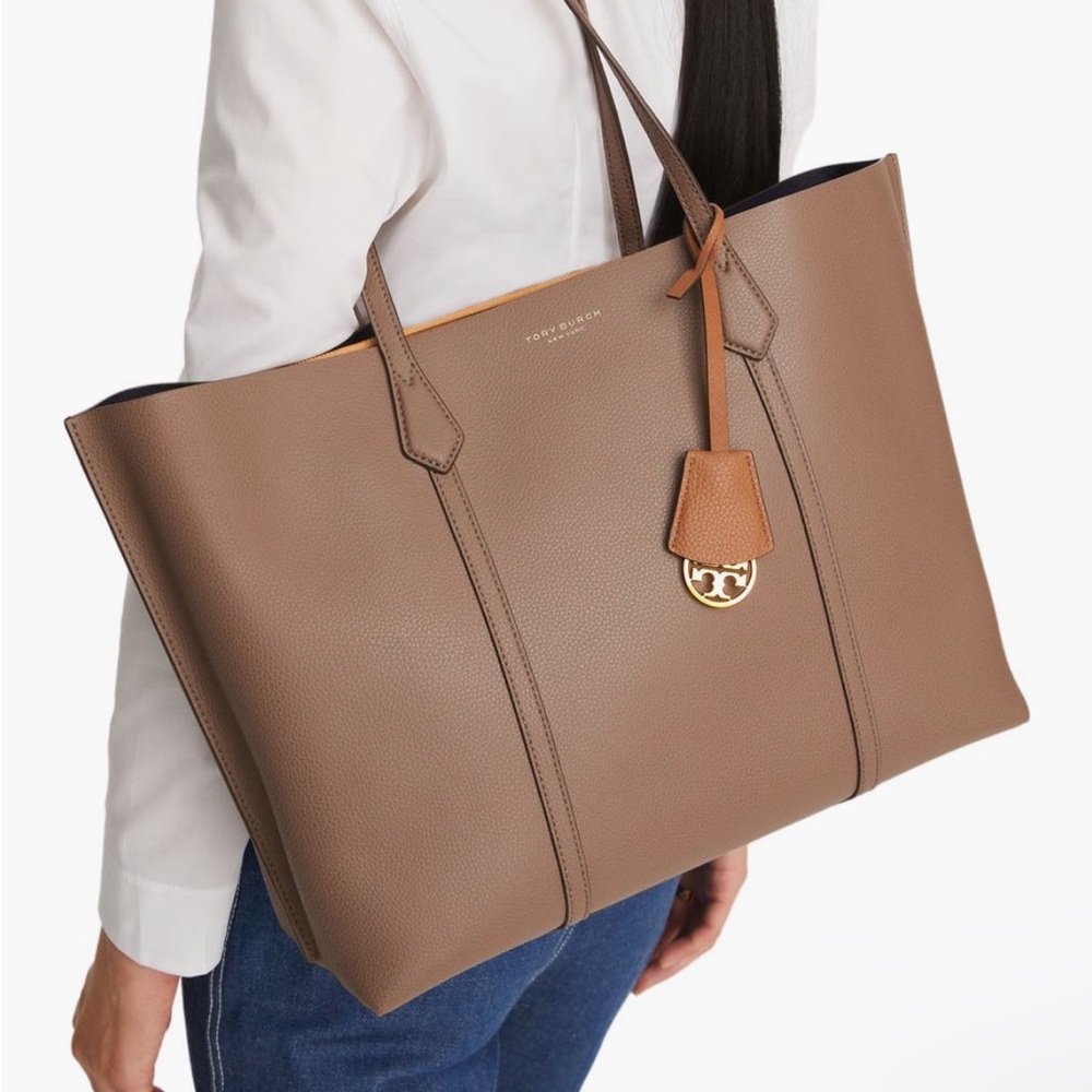 Tory Burch Perry Triple Compartment Leather Tote; Clam Shell